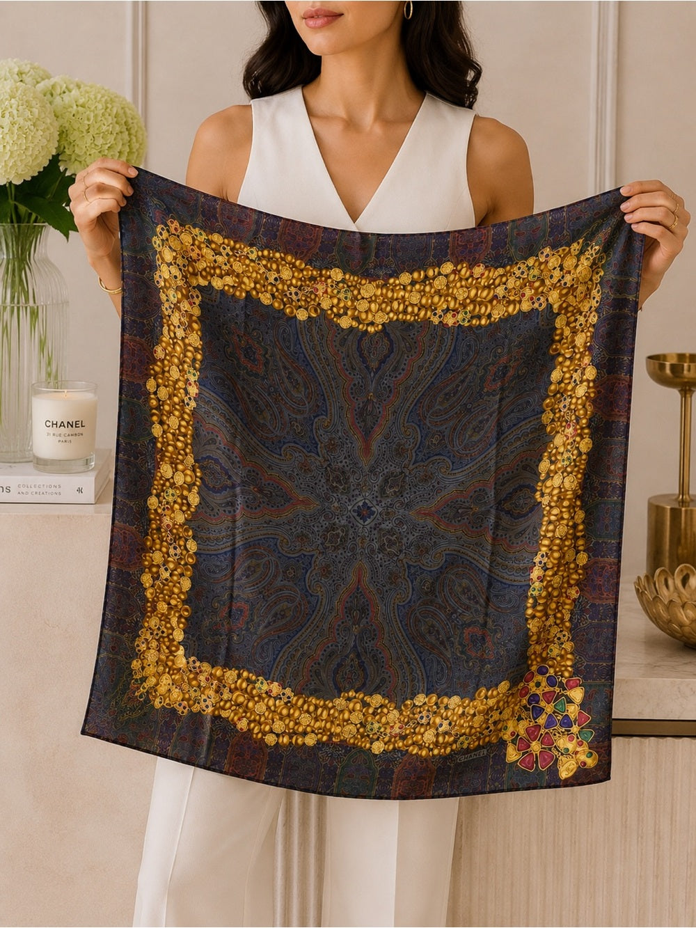 CHANEL Silk Scarf – Ornate Gold Chain & Jewel Motif on Deep Navy — luxury silk scarf border and colorway