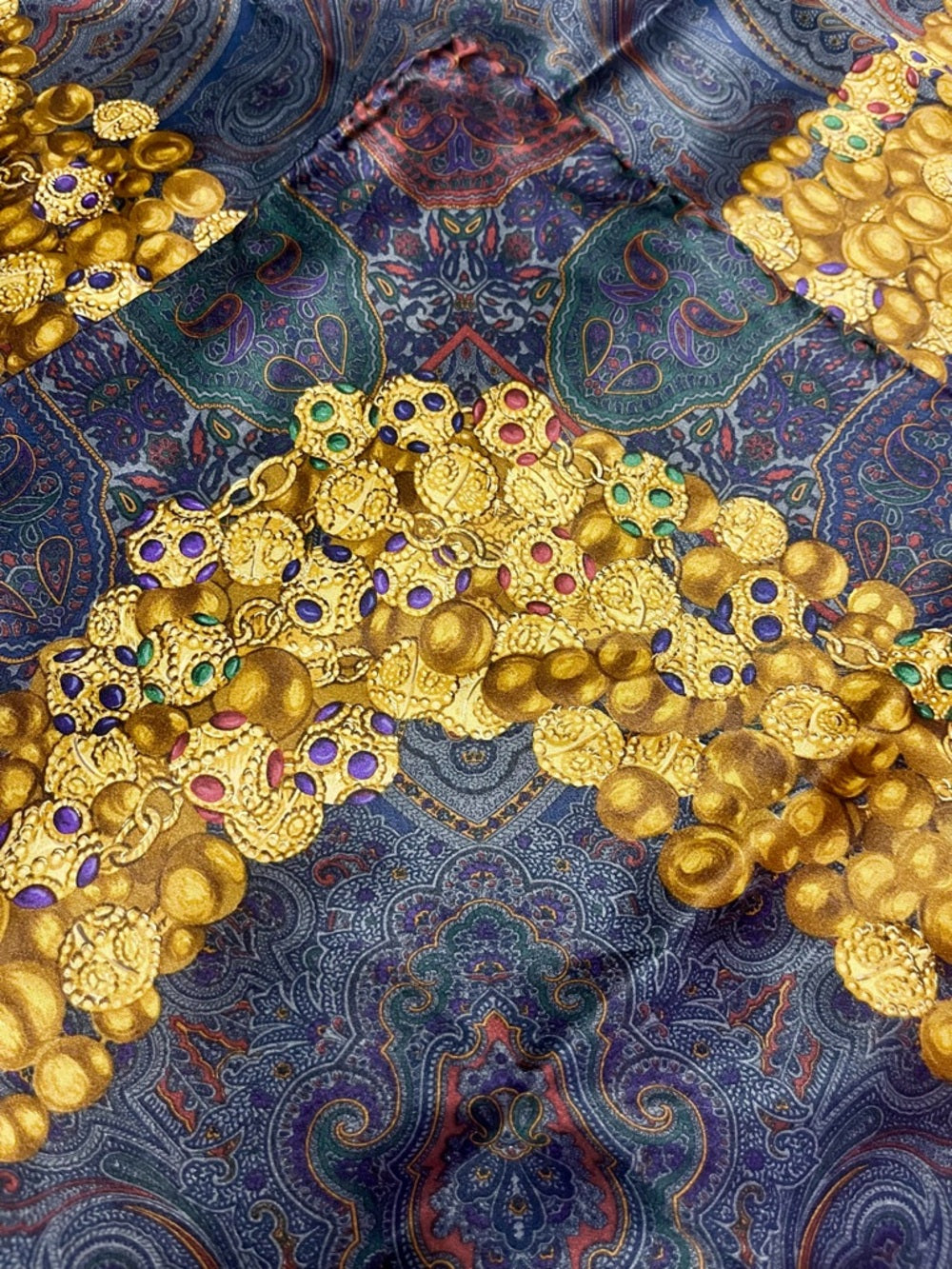 CHANEL Silk Scarf – Ornate Gold Chain & Jewel Motif on Deep Navy — designer motif and silk print closeup (additional view 2)