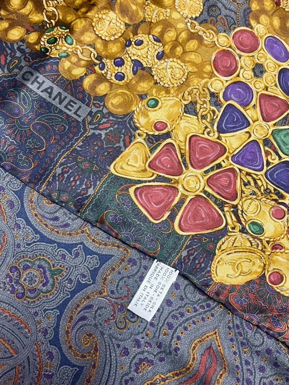 CHANEL Silk Scarf – Ornate Gold Chain & Jewel Motif on Deep Navy — collectible designer scarf graphic detail