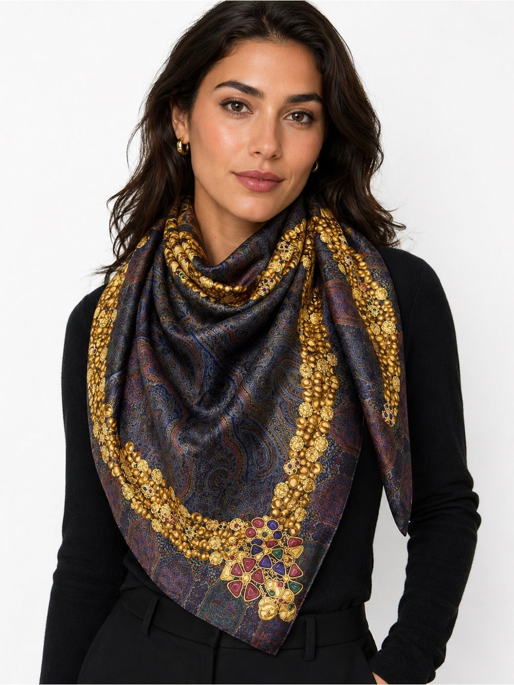 CHANEL Silk Scarf – Ornate Gold Chain & Jewel Motif on Deep Navy — silk twill texture and pattern detail (additional view 2)