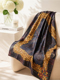 CHANEL Silk Scarf – Ornate Gold Chain & Jewel Motif on Deep Navy — designer silk scarf full print composition