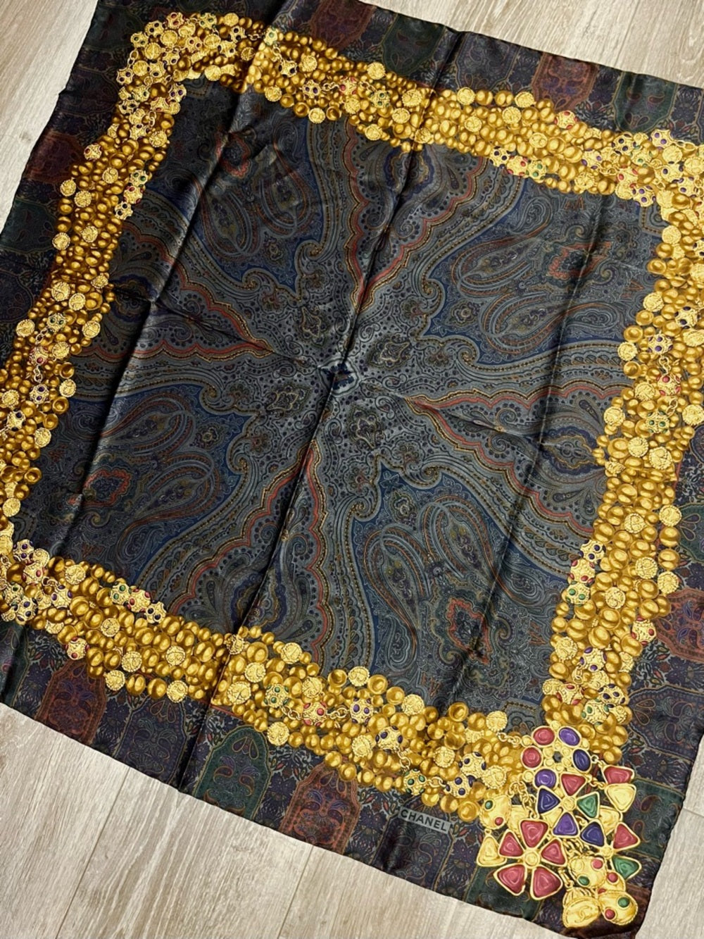 CHANEL Silk Scarf – Ornate Gold Chain & Jewel Motif on Deep Navy — vintage silk scarf pattern composition