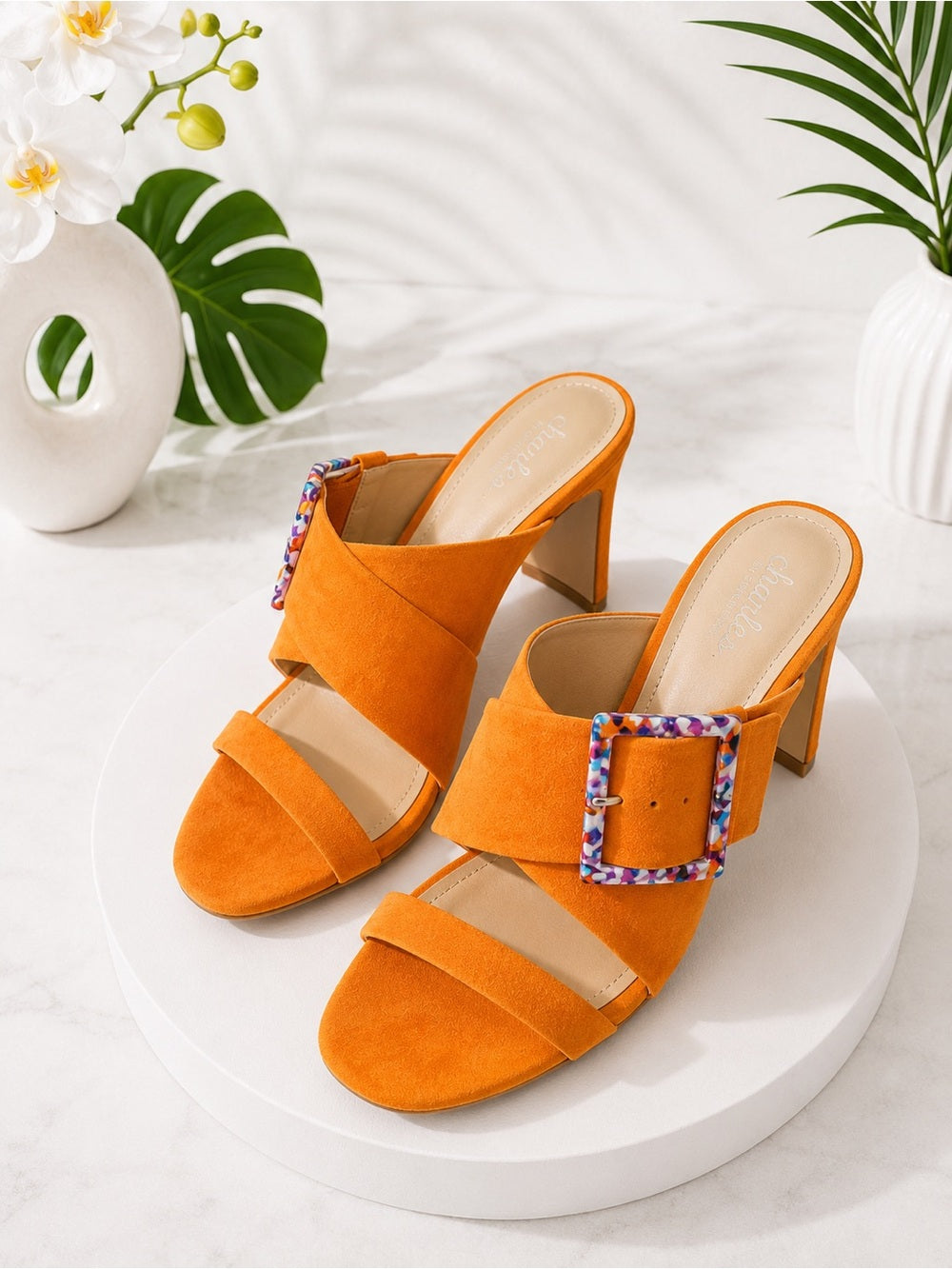 Charles by Charles David Orange Suede Heels w Multicolor Resin Buckle - Size 6.5 — statement heel profile and arch