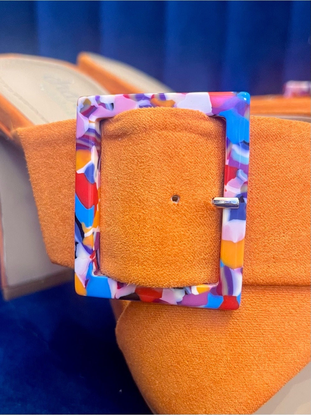Charles by Charles David Orange Suede Heels w Multicolor Resin Buckle - Size 6.5 — designer footwear material closeup