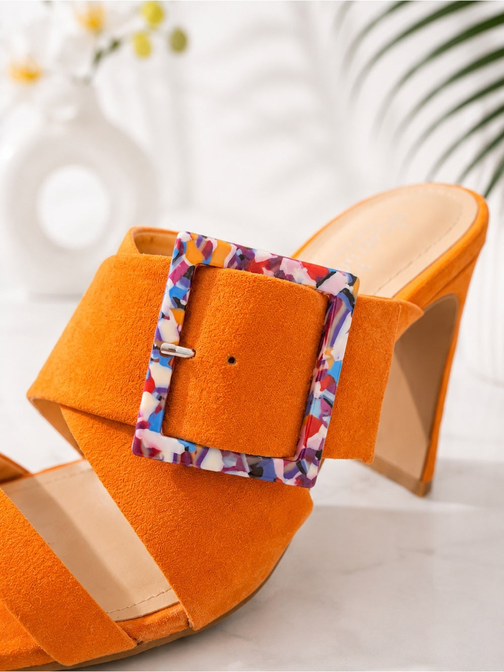 Charles by Charles David Orange Suede Heels w Multicolor Resin Buckle - Size 6.5 — luxury footwear upper material and texture