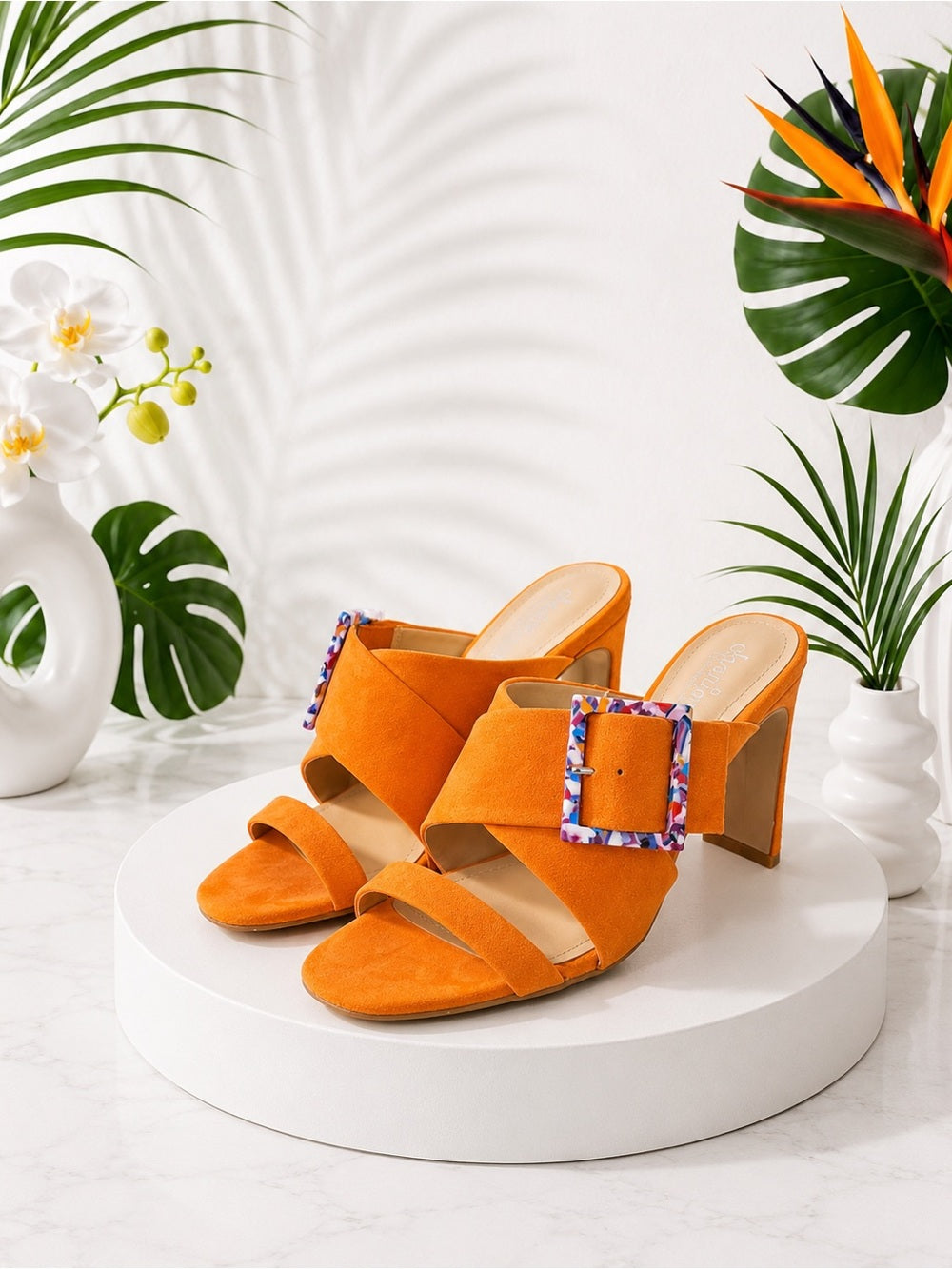 Charles by Charles David Orange Suede Heels w Multicolor Resin Buckle - Size 6.5 — designer shoe silhouette and heel shape