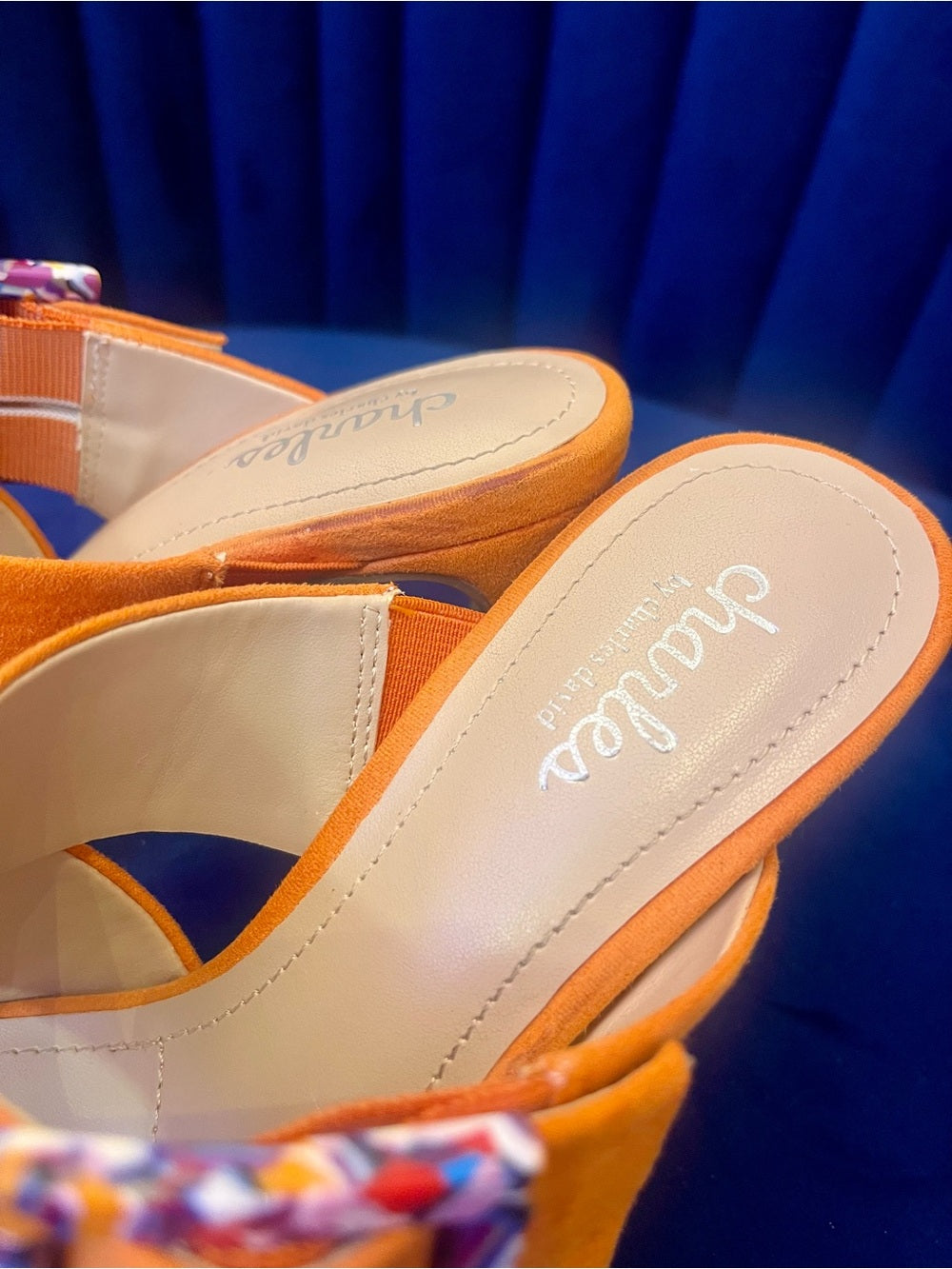 Charles by Charles David Orange Suede Heels w Multicolor Resin Buckle - Size 6.5 — high heel side profile and proportions
