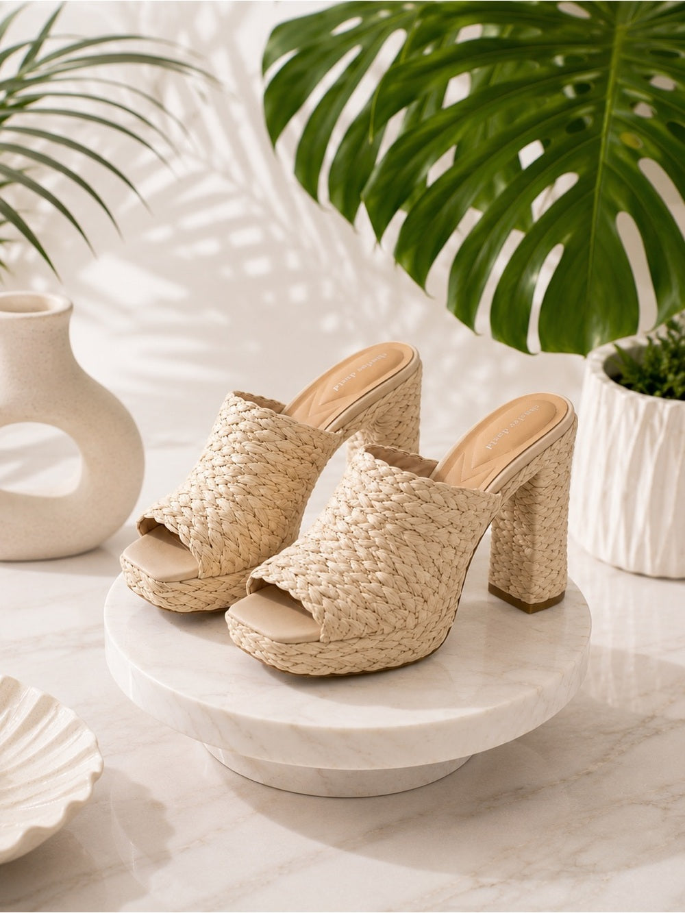 Charles David Natural Woven Block Heel Mules - Size 6.5 NWT — luxury footwear upper material and texture