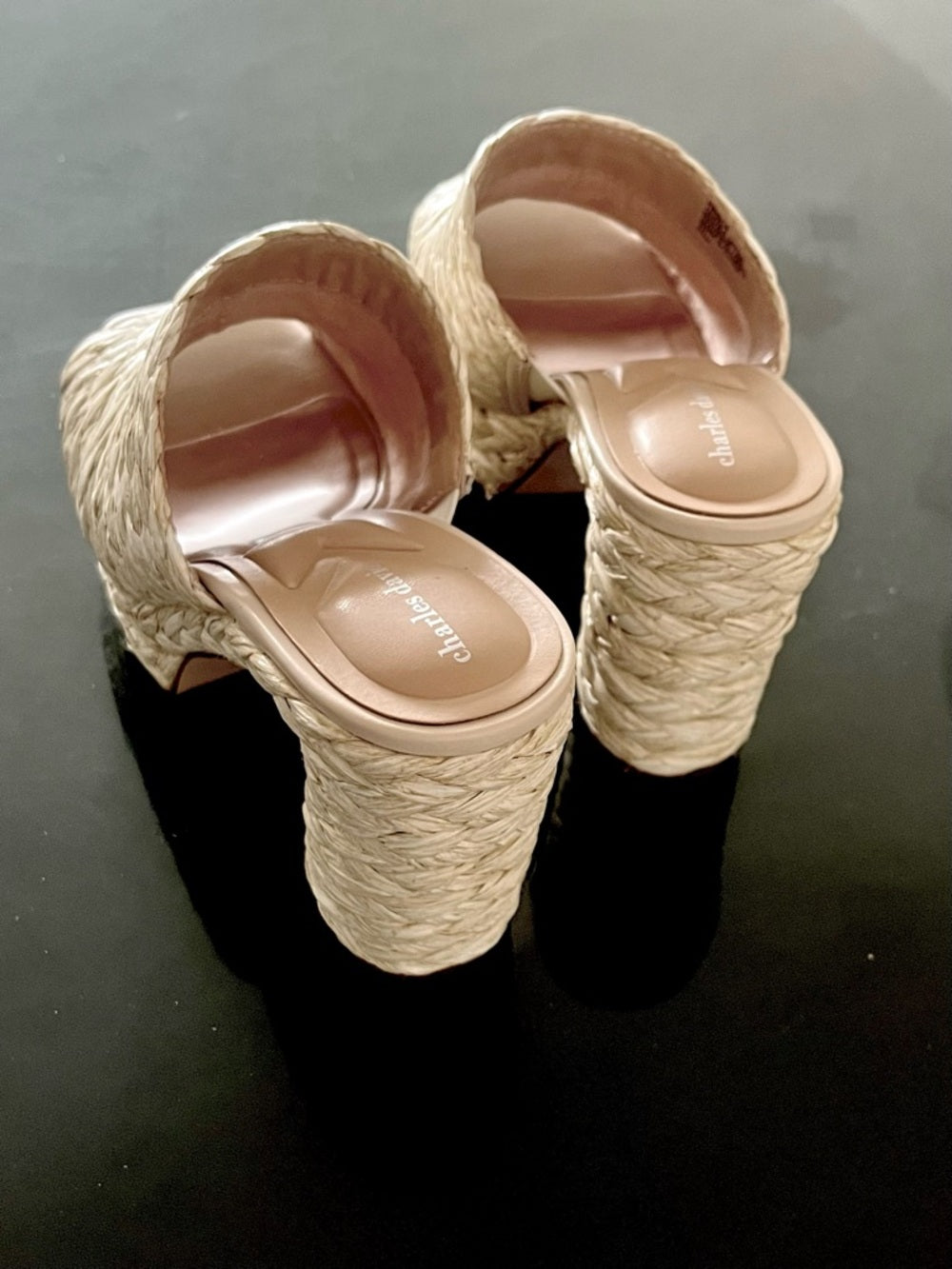 Charles David Natural Woven Block Heel Mules - Size 6.5 NWT — ankle strap buckle and fastening