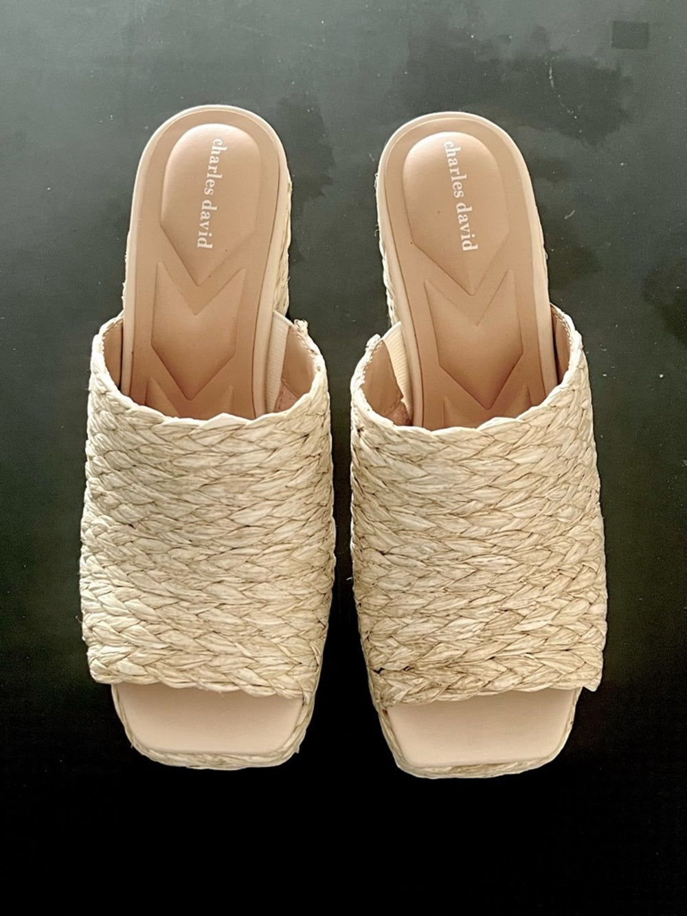 Charles David Natural Woven Block Heel Mules - Size 6.5 NWT — designer insole branding and footbed