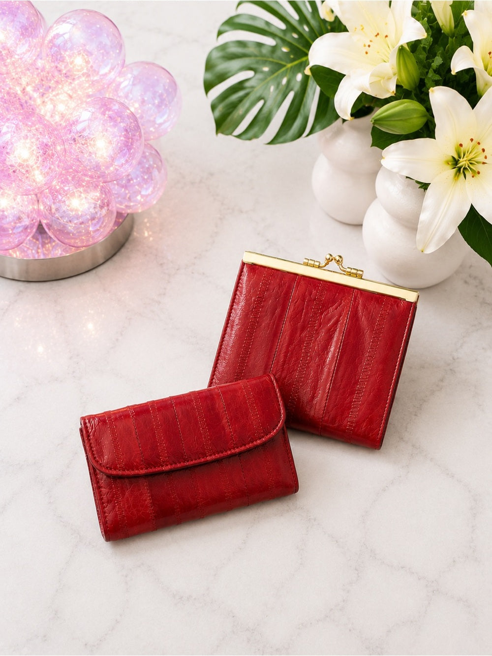 Cherry Red Eel Skin Wallet & Kisslock Coin Purse Vintage Mini Set — luxury leather bag back panel construction