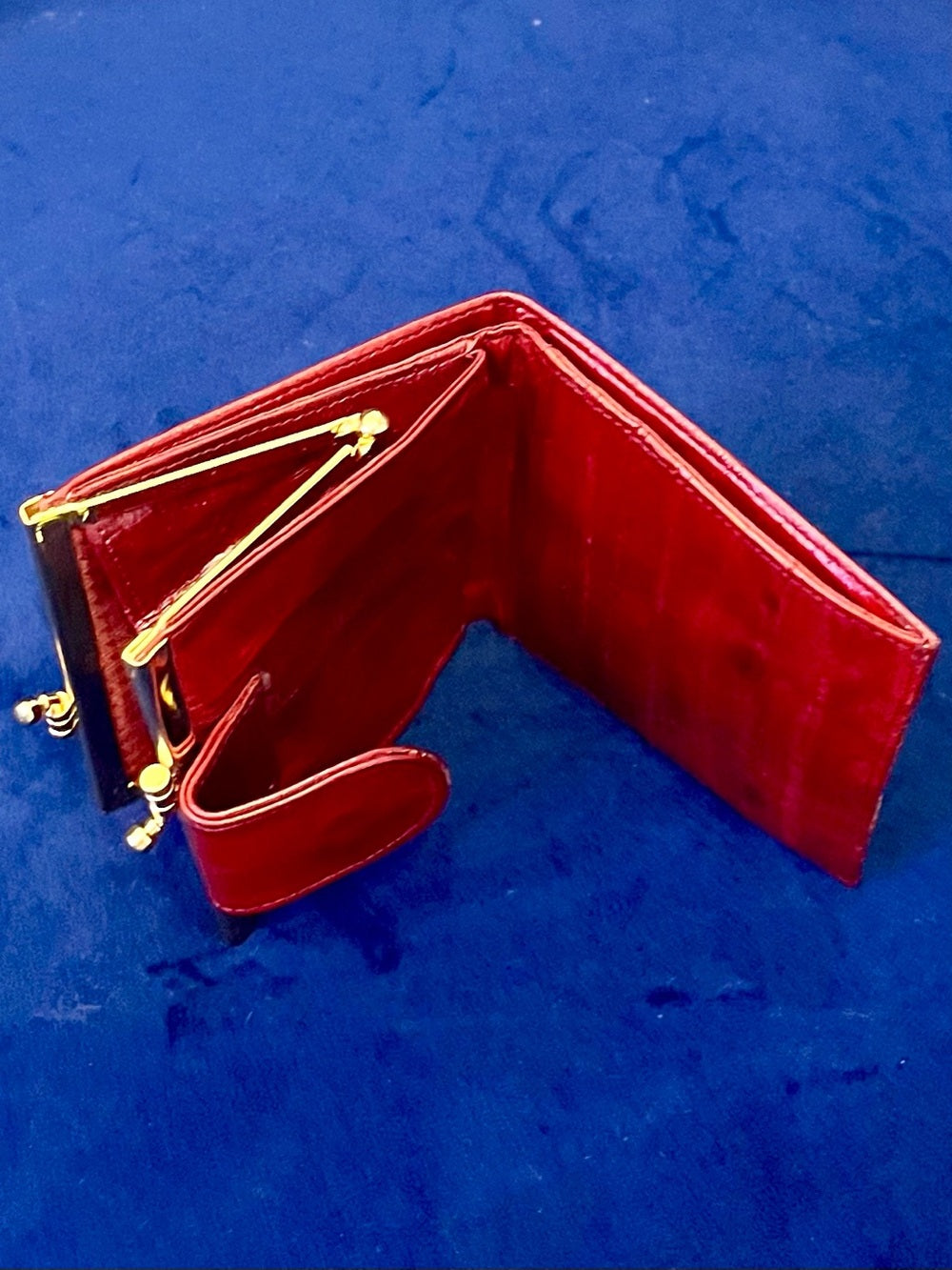 Cherry Red Eel Skin Wallet & Kisslock Coin Purse Vintage Mini Set — top handle and shoulder strap attachment