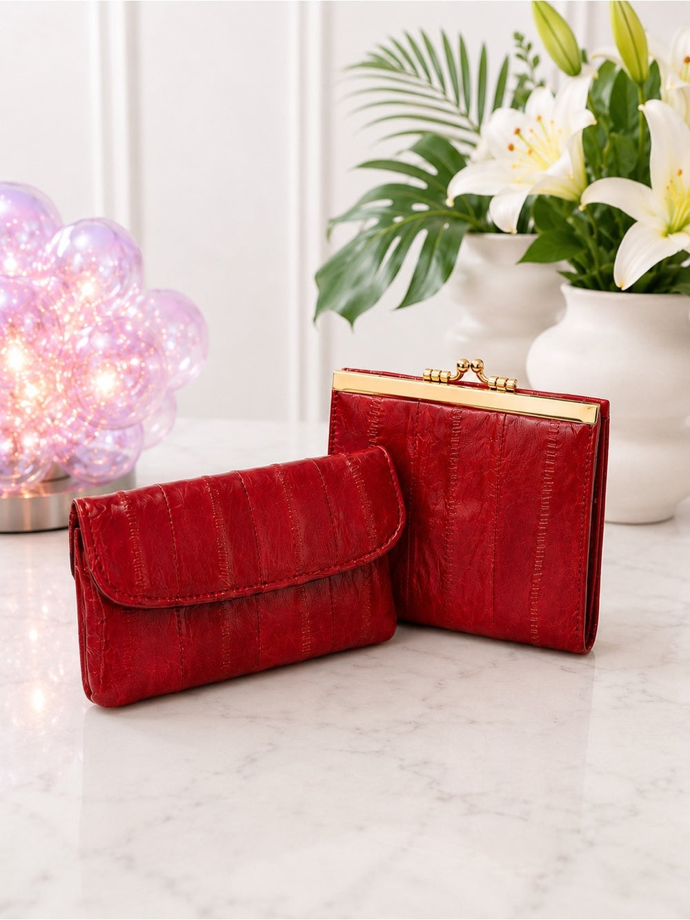 Cherry Red Eel Skin Wallet & Kisslock Coin Purse Vintage Mini Set — structured purse profile and gusset
