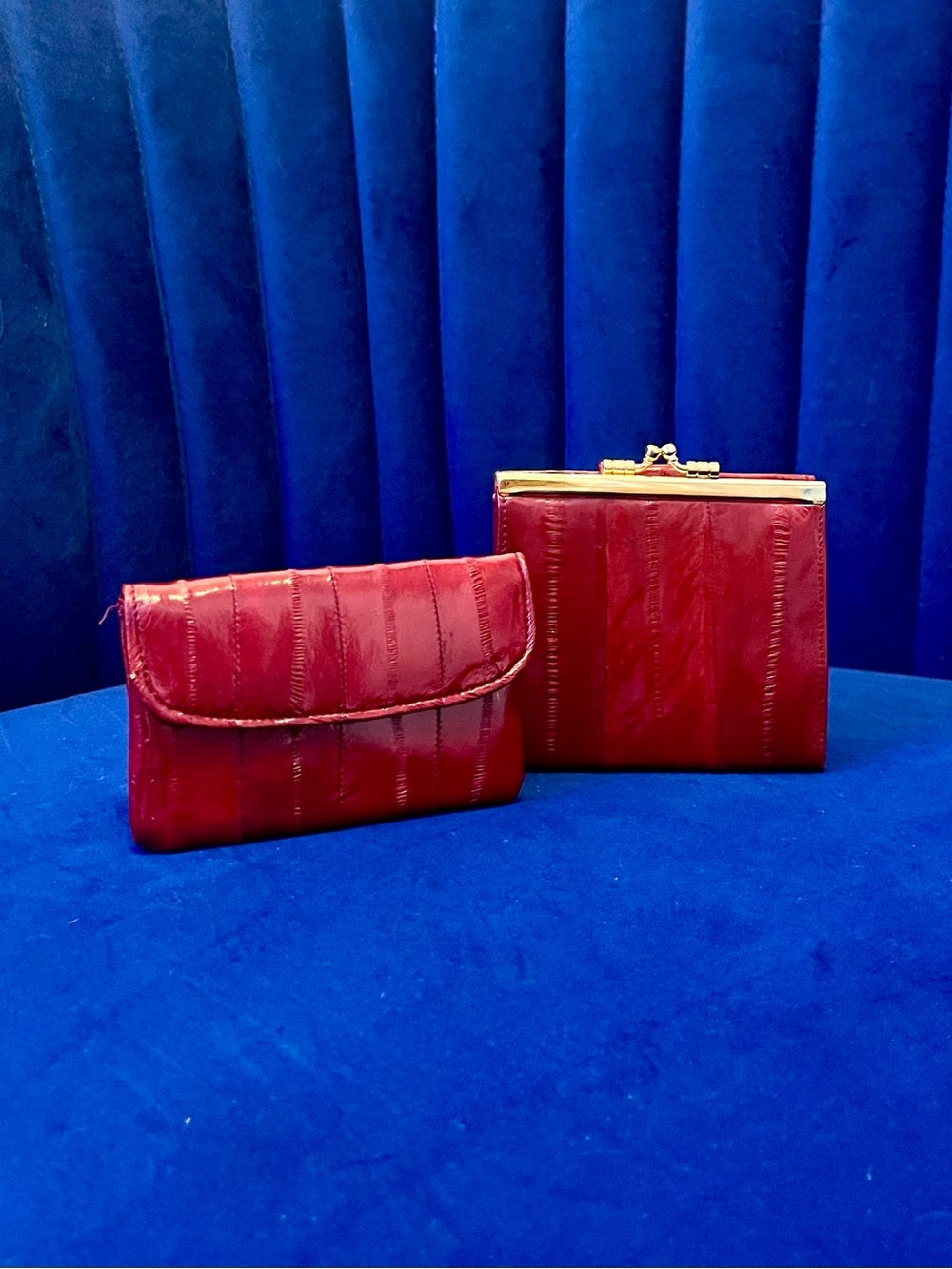 Cherry Red Eel Skin Wallet & Kisslock Coin Purse Vintage Mini Set — natural leather grain and texture closeup