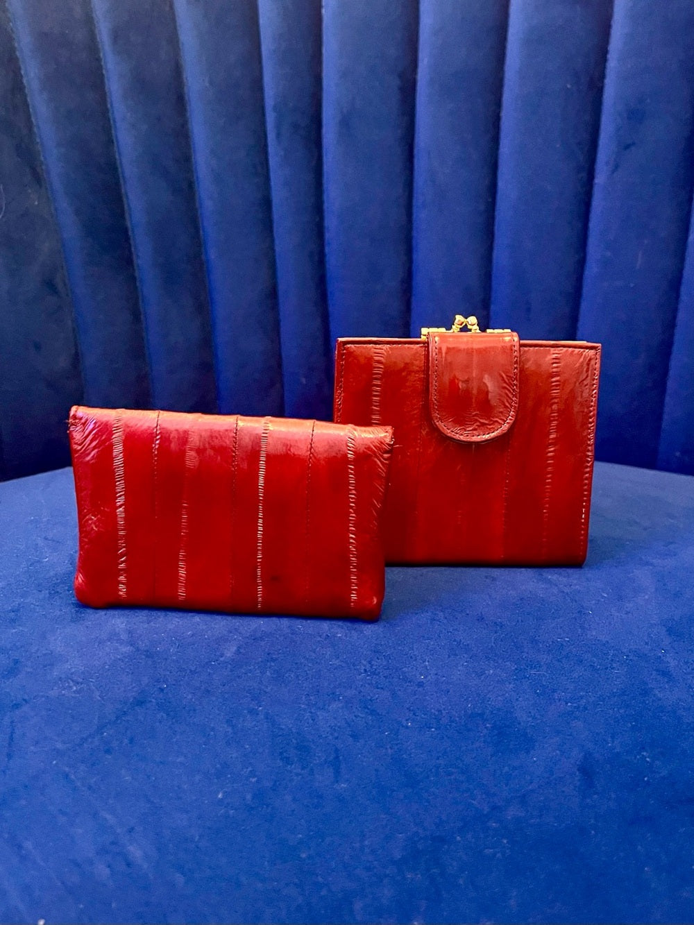 Cherry Red Eel Skin Wallet & Kisslock Coin Purse Vintage Mini Set — signature designer hardware and metalwork
