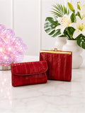 Cherry Red Eel Skin Wallet & Kisslock Coin Purse Vintage Mini Set — designer exotic leather handbag silhouette