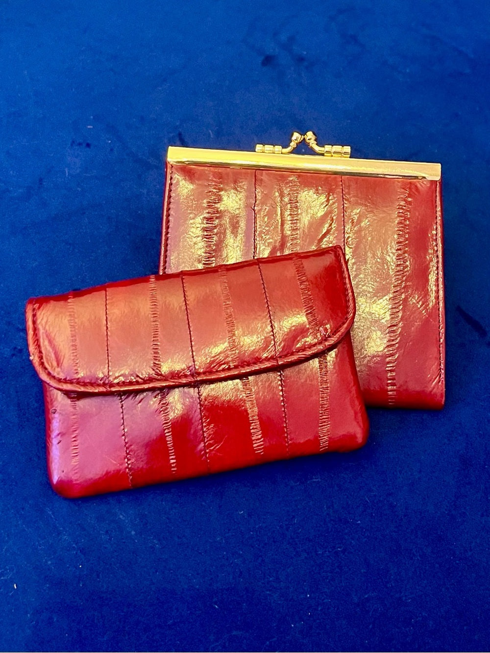 Cherry Red Eel Skin Wallet & Kisslock Coin Purse Vintage Mini Set — designer logo branding and craftsmanship