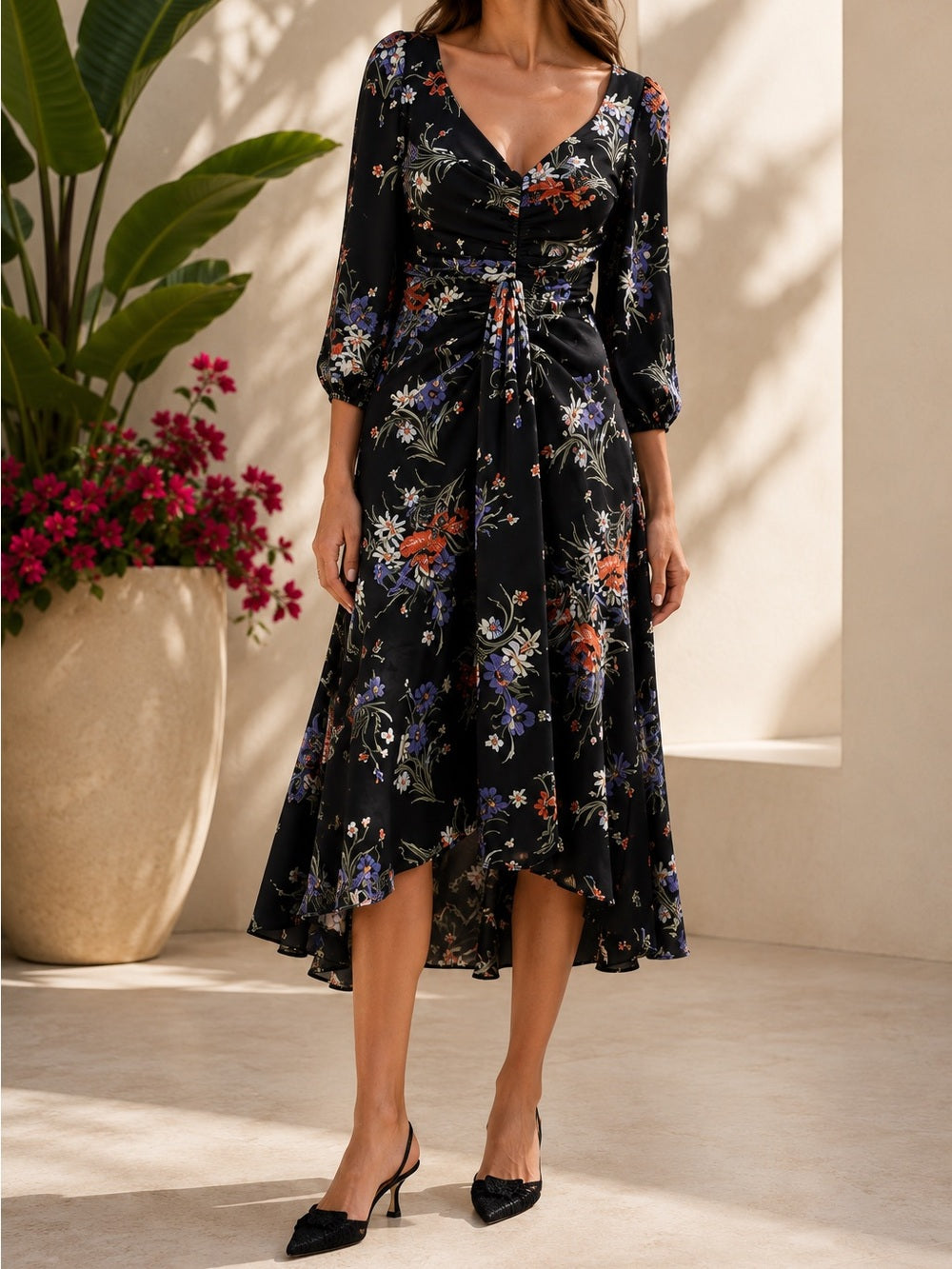 cinq a sept Black Floral Three Quarter Sleeve Walker Wrap Midi Dress - Size 0 — designer garment full silhouette and fit
