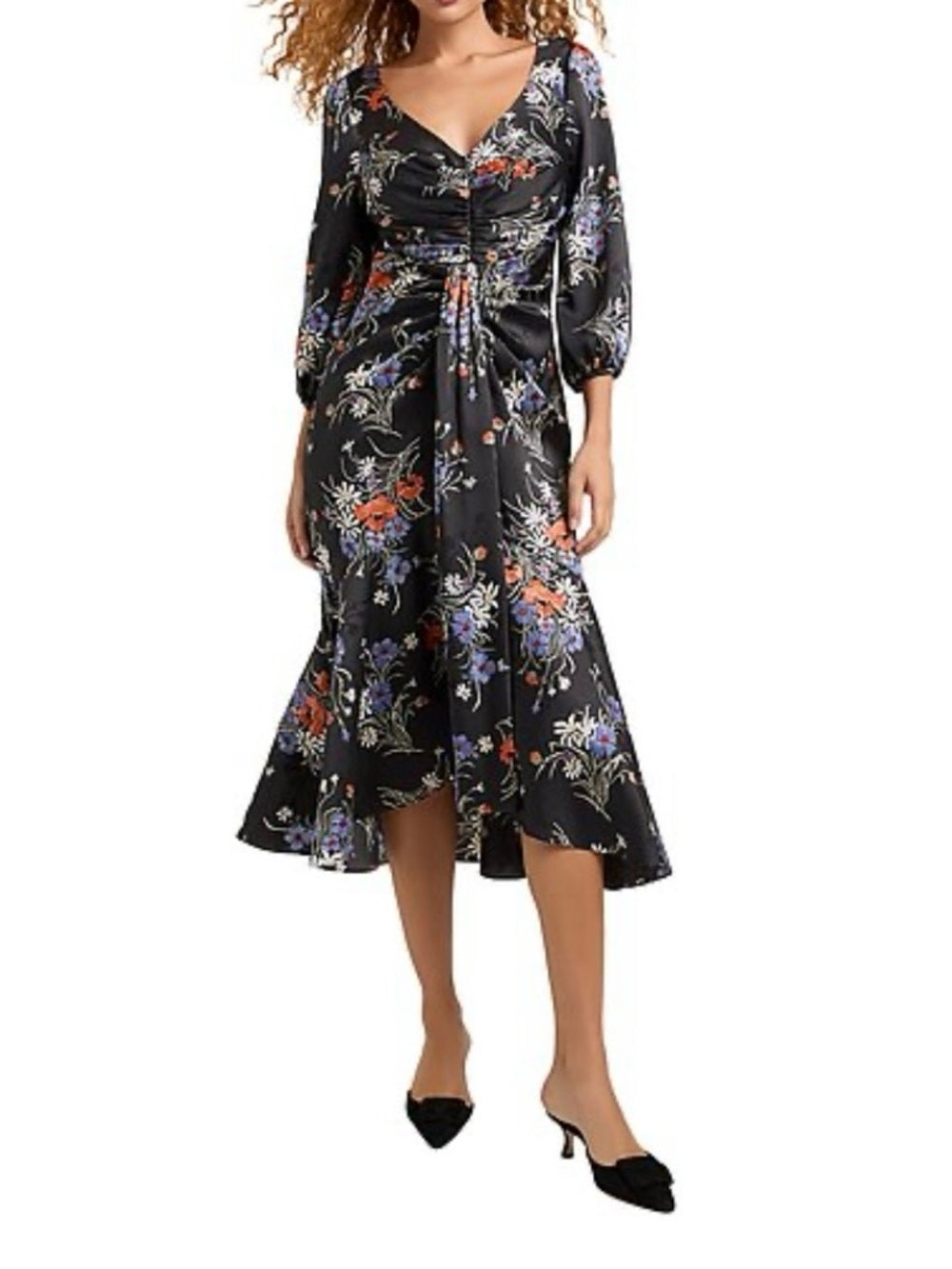 cinq a sept Black Floral Three Quarter Sleeve Walker Wrap Midi Dress - Size 0 — neckline bodice and shoulder detail