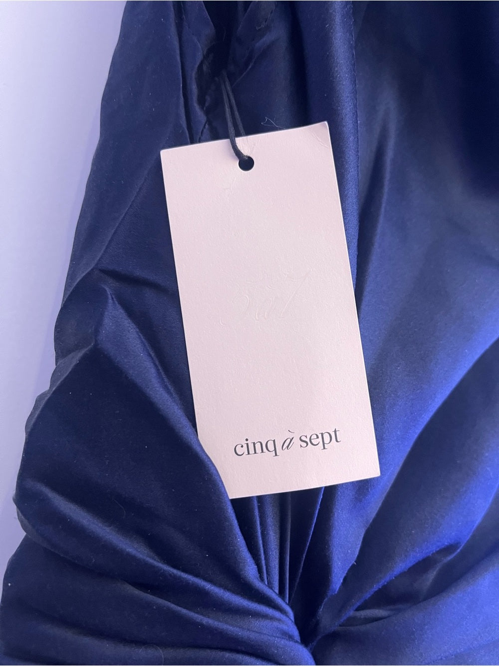 Cinq à Sept “Paige” Navy Silk Draped Midi Dress – Size 00 Elegant Cocktail — neckline bodice and shoulder detail
