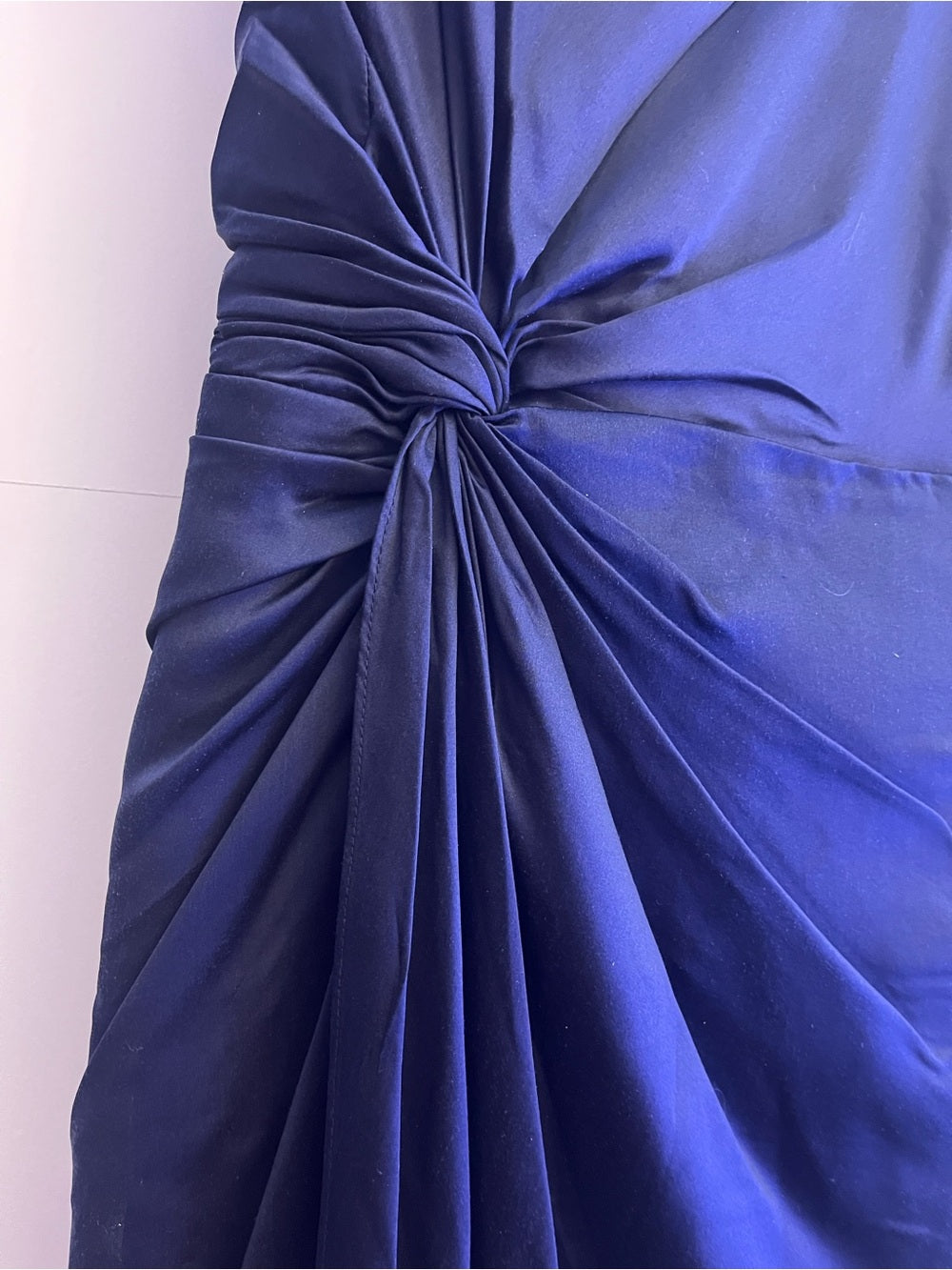 Cinq à Sept “Paige” Navy Silk Draped Midi Dress – Size 00 Elegant Cocktail — fabric texture and material closeup