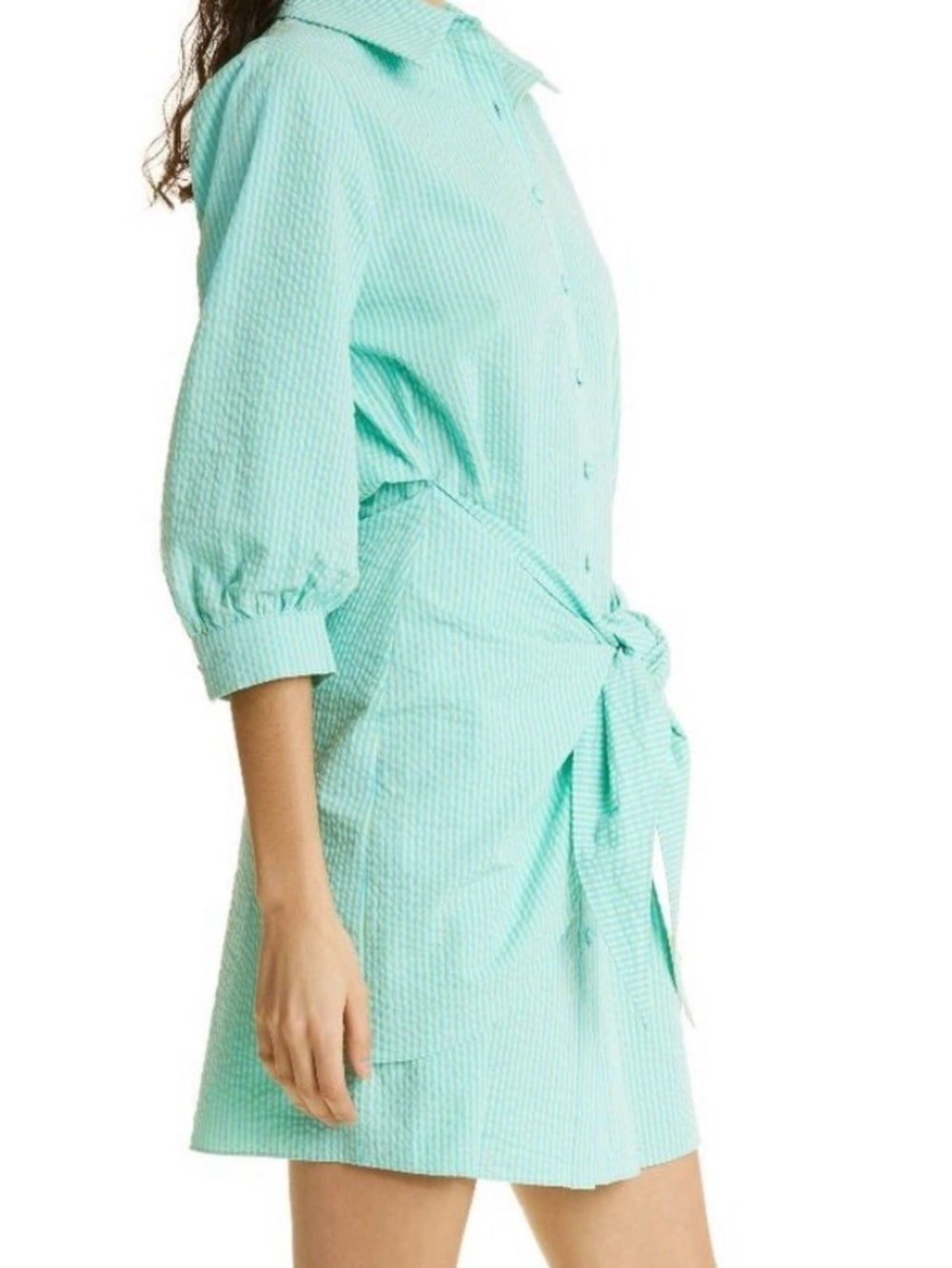 Cinq à Sept Seersucker Cotton Striped Gaby Women's Dress Cyan/Lima Bean — fabric texture and material closeup