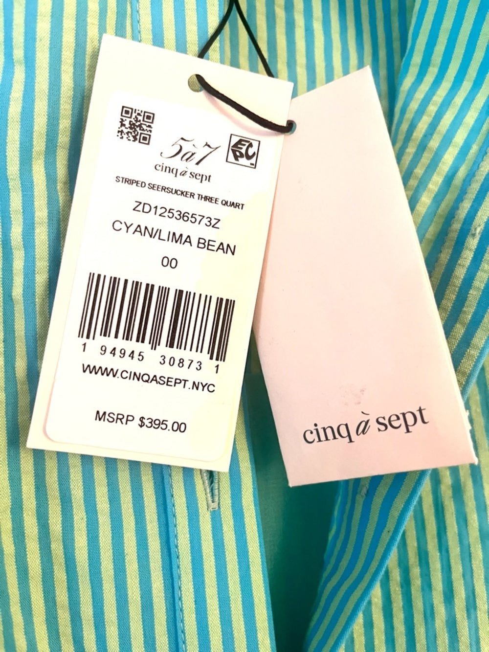 Cinq à Sept Seersucker Cotton Striped Gaby Women's Dress Cyan/Lima Bean — fashion color and fabric detail