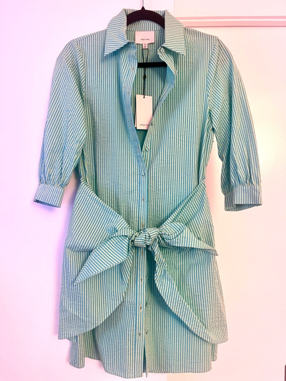 Cinq à Sept Seersucker Cotton Striped Gaby Women's Dress Cyan/Lima Bean — hemline and garment finish