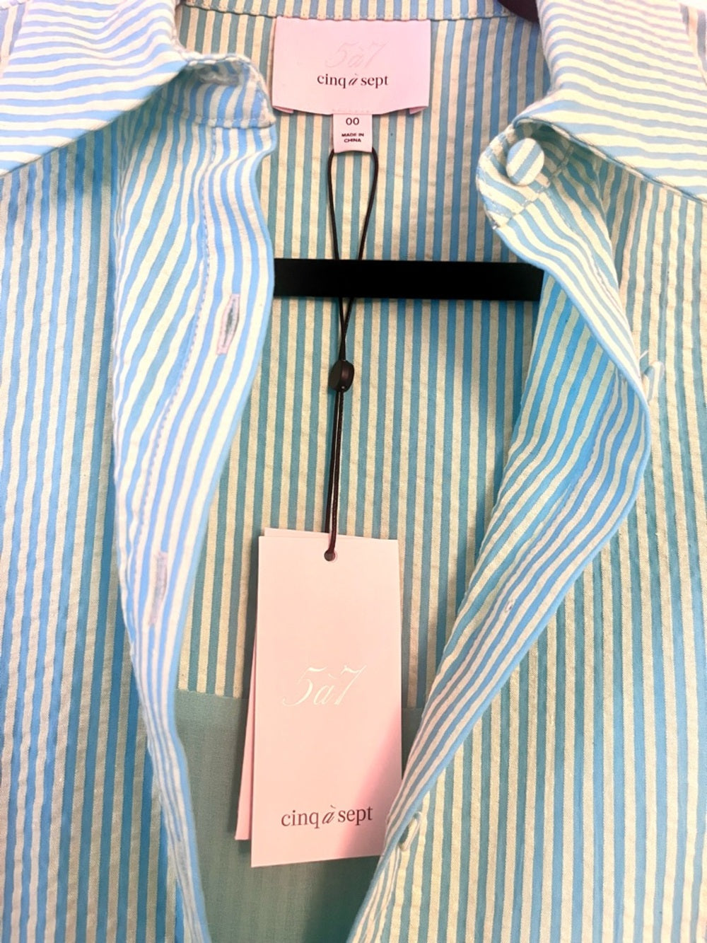 Cinq à Sept Seersucker Cotton Striped Gaby Women's Dress Cyan/Lima Bean — designer label and garment branding