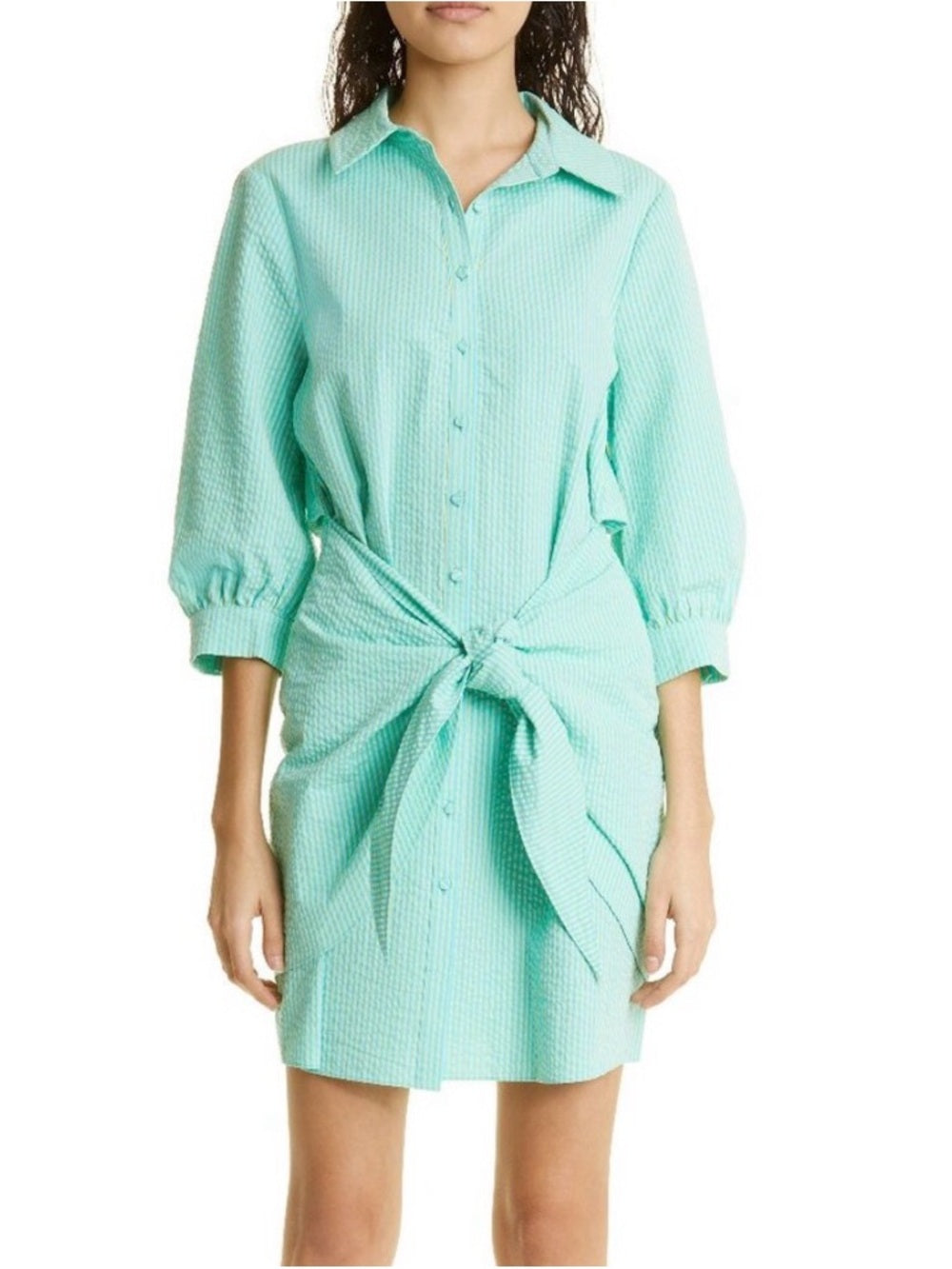 Cinq à Sept Seersucker Cotton Striped Gaby Women's Dress Cyan/Lima Bean — garment side drape and proportions