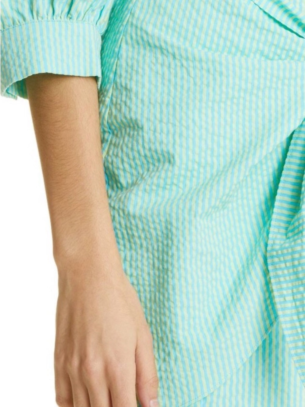 Cinq à Sept Seersucker Cotton Striped Gaby Women's Dress Cyan/Lima Bean — waist shaping and draped construction