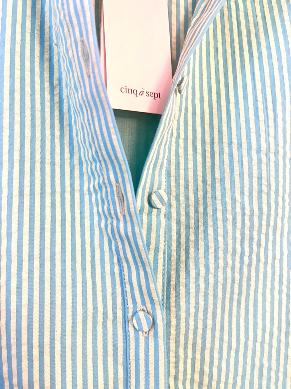 Cinq à Sept Seersucker Cotton Striped Gaby Women's Dress Cyan/Lima Bean — embellishment embroidery or print closeup