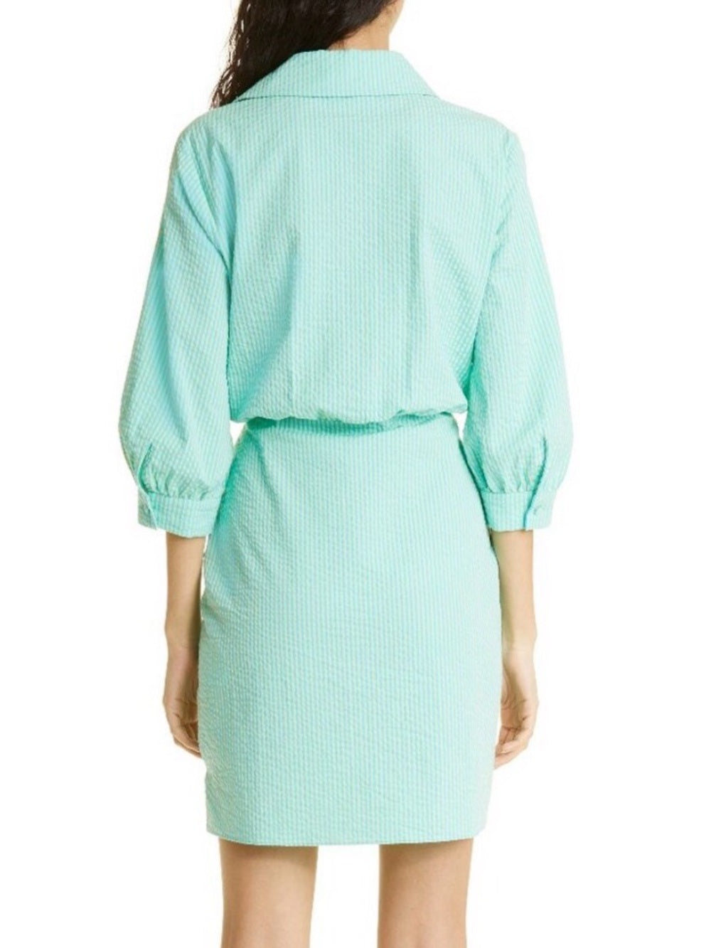 Cinq à Sept Seersucker Cotton Striped Gaby Women's Dress Cyan/Lima Bean — neckline bodice and shoulder detail