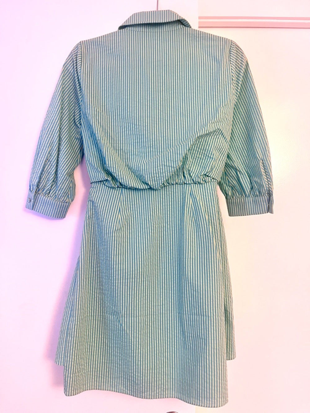 Cinq à Sept Seersucker Cotton Striped Gaby Women's Dress Cyan/Lima Bean — statement outfit shape and movement