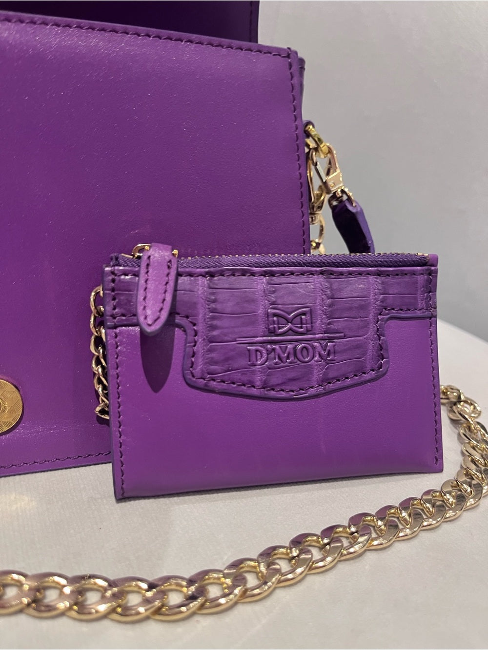 D’MOM Genuine Crocodile Exotic Leather Saddle Bag & Matching Coin Purse — designer logo branding and craftsmanship