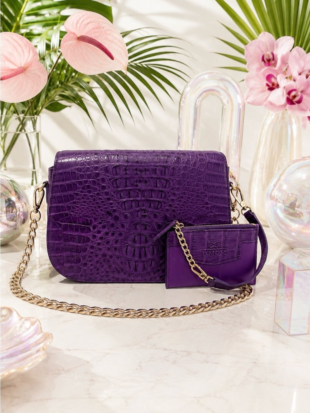 D’MOM Genuine Crocodile Exotic Leather Saddle Bag & Matching Coin Purse — designer exotic leather handbag silhouette