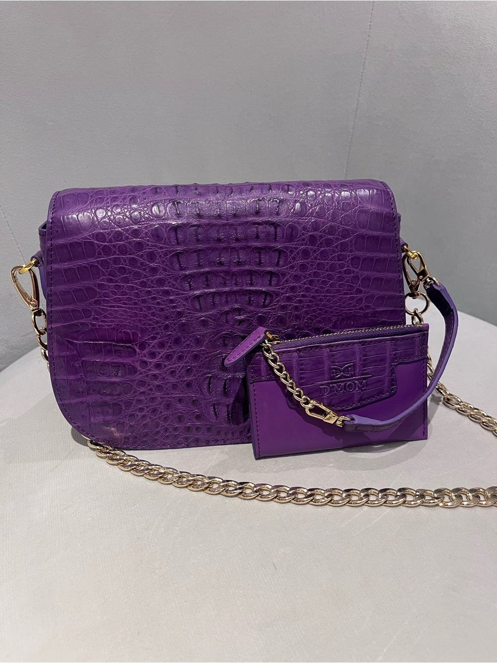 D’MOM Genuine Crocodile Exotic Leather Saddle Bag & Matching Coin Purse — interior pocket and designer label
