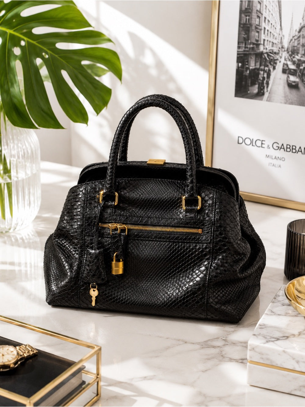 Dolce & Gabbana Genuine Black Python Satchel, Luxe Exotic Snakeskin Top Handle — designer exotic leather handbag silhouette