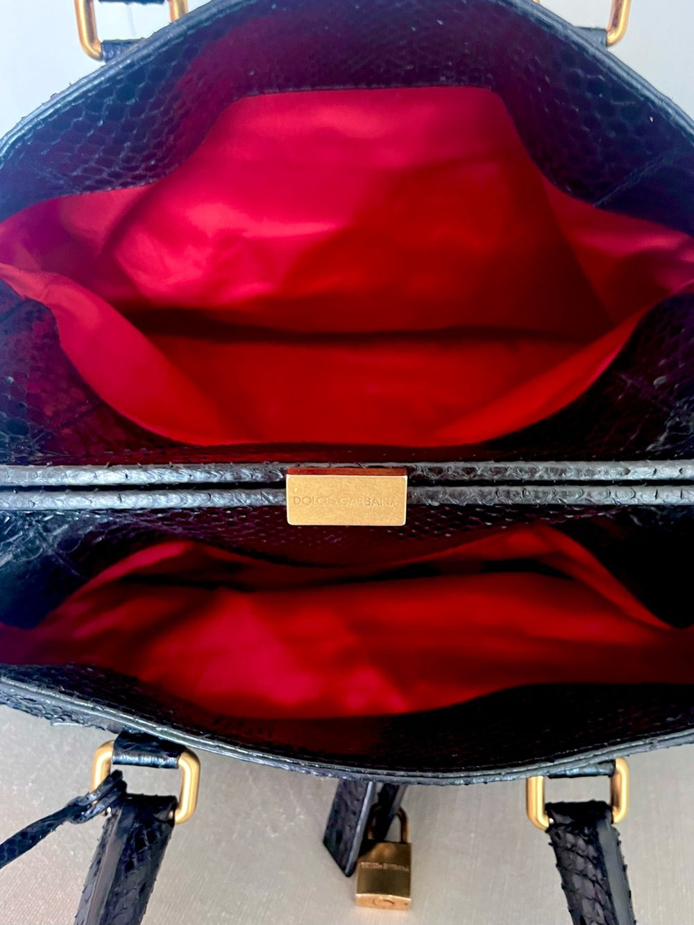 Dolce & Gabbana Genuine Black Python Satchel, Luxe Exotic Snakeskin Top Handle — designer logo branding and craftsmanship