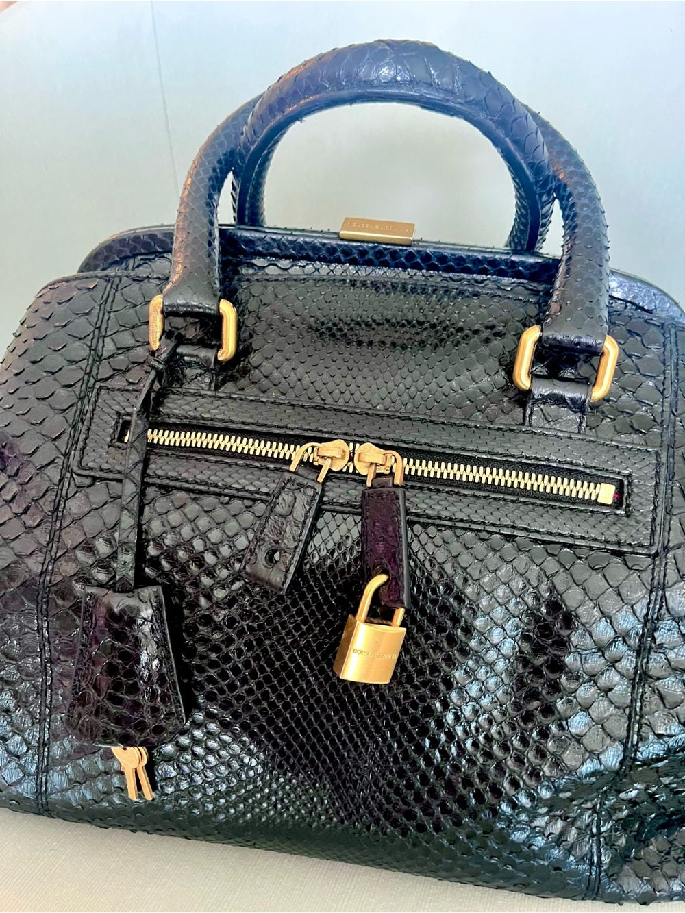 Dolce & Gabbana Genuine Black Python Satchel, Luxe Exotic Snakeskin Top Handle — natural leather grain and texture closeup