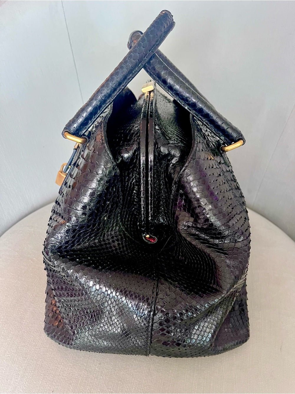 Dolce & Gabbana Genuine Black Python Satchel, Luxe Exotic Snakeskin Top Handle — handbag interior lining and storage