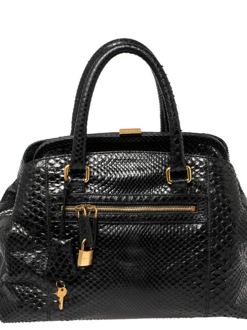 Dolce & Gabbana Genuine Black Python Satchel, Luxe Exotic Snakeskin Top Handle — collectible designer bag material closeup