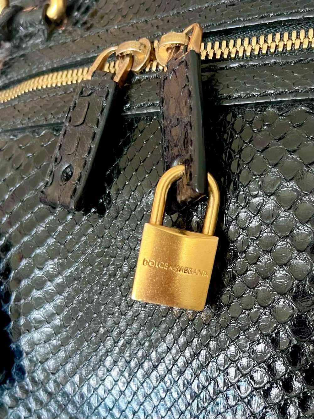 Dolce & Gabbana Genuine Black Python Satchel, Luxe Exotic Snakeskin Top Handle — top handle and shoulder strap attachment