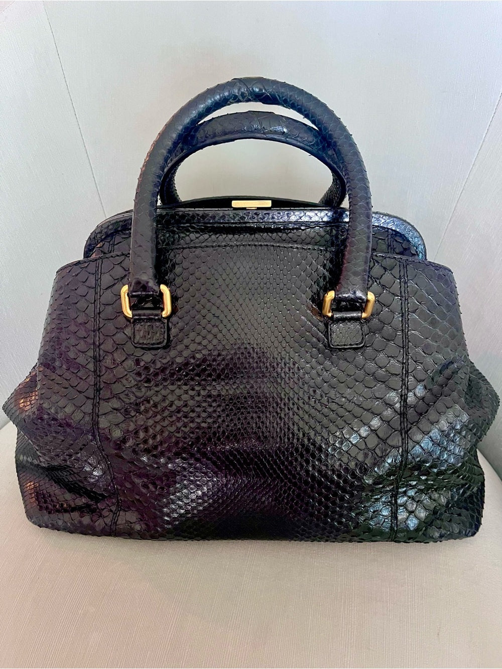 Dolce & Gabbana Genuine Black Python Satchel, Luxe Exotic Snakeskin Top Handle — structured purse profile and gusset