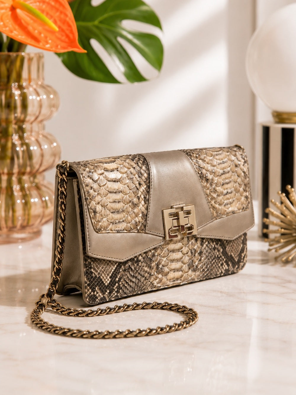 Elaine Turner Snakeskin Shoulder Bag – Neutral Python Print Evening Clutch — luxury leather bag back panel construction