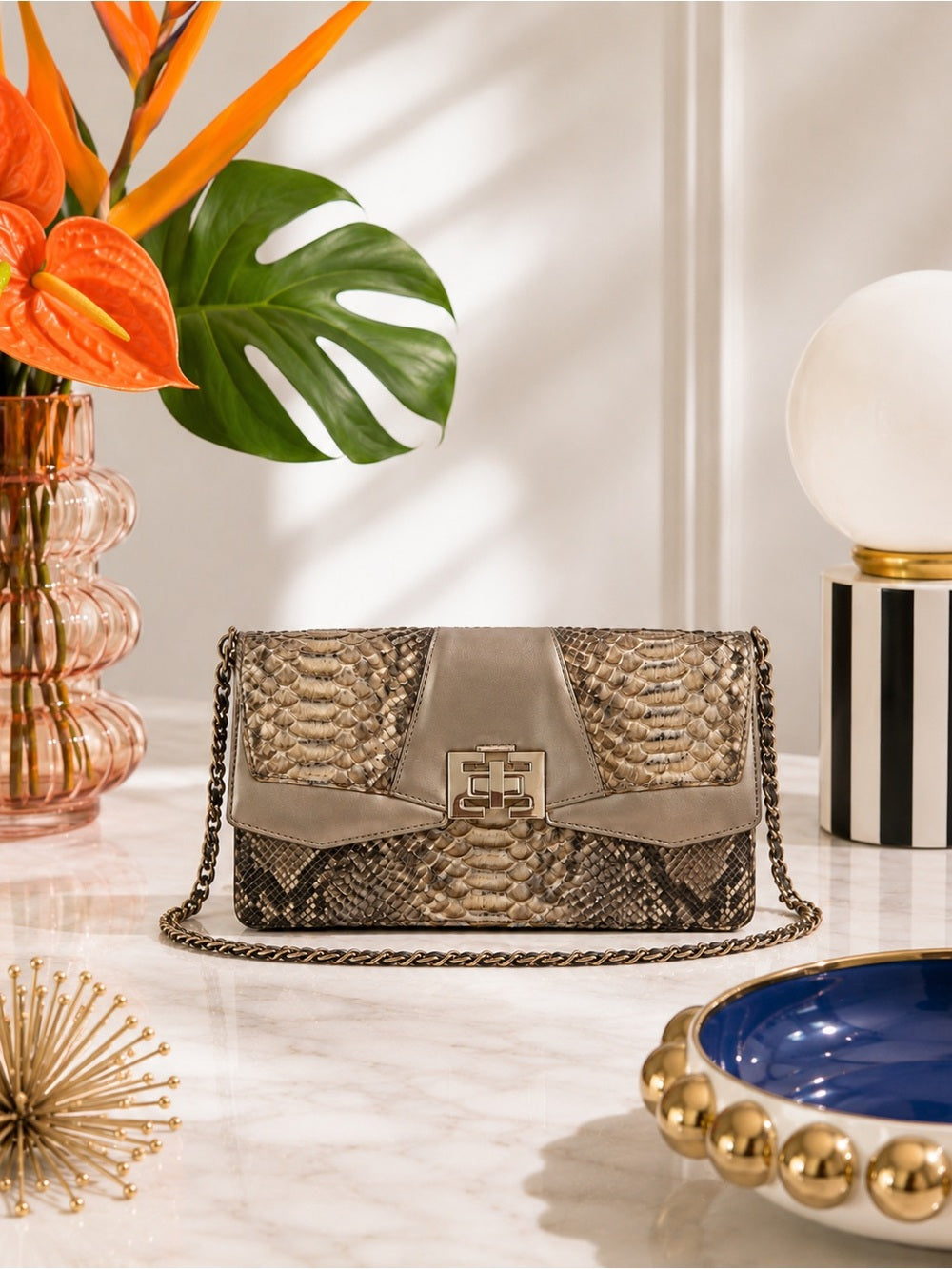 Elaine Turner Snakeskin Shoulder Bag – Neutral Python Print Evening Clutch — designer exotic leather handbag silhouette