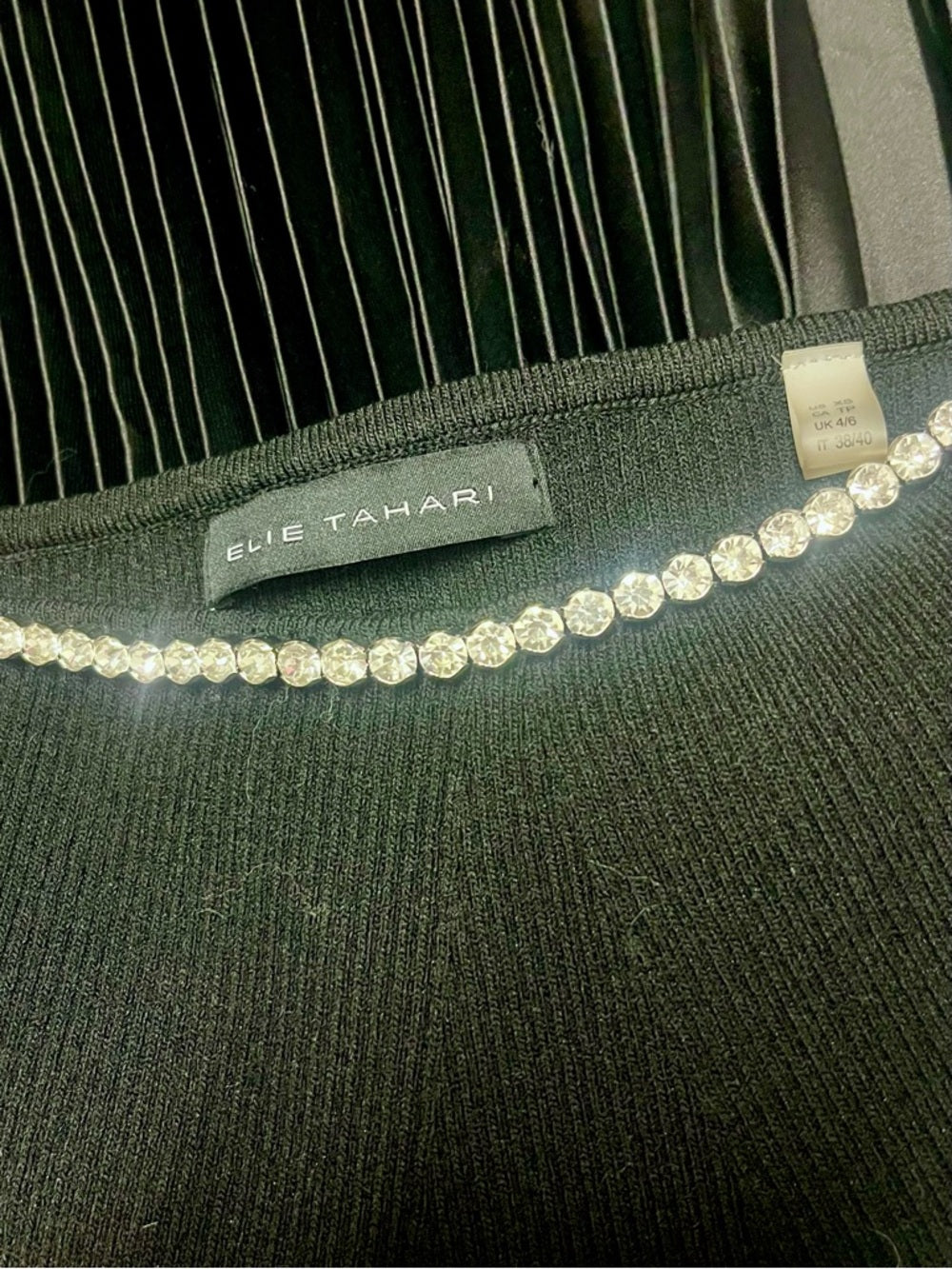 Elie Tahari Rhinestone Dress - Black, Shimmering Straps & Collar, + Pleated Base — designer jewelry sparkle closeup