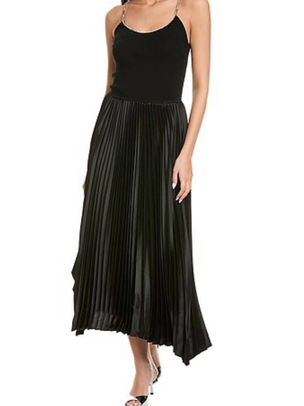Elie Tahari Rhinestone Dress - Black, Shimmering Straps & Collar, + Pleated Base — gold tone jewelry craftsmanship
