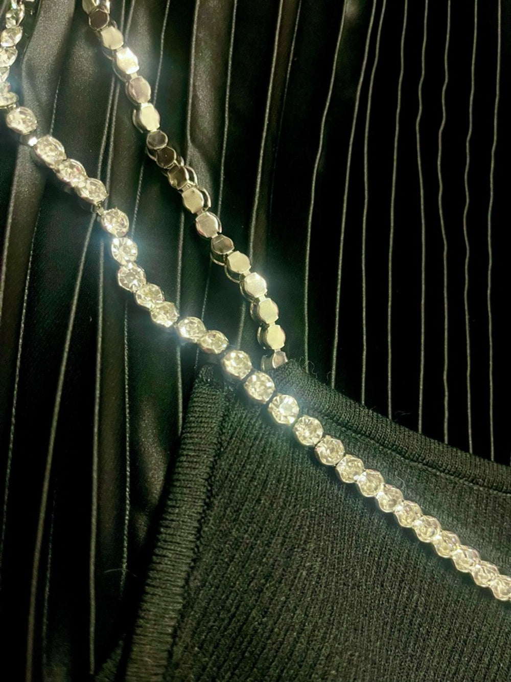 Elie Tahari Rhinestone Dress - Black, Shimmering Straps & Collar, + Pleated Base — statement accessory profile and scale