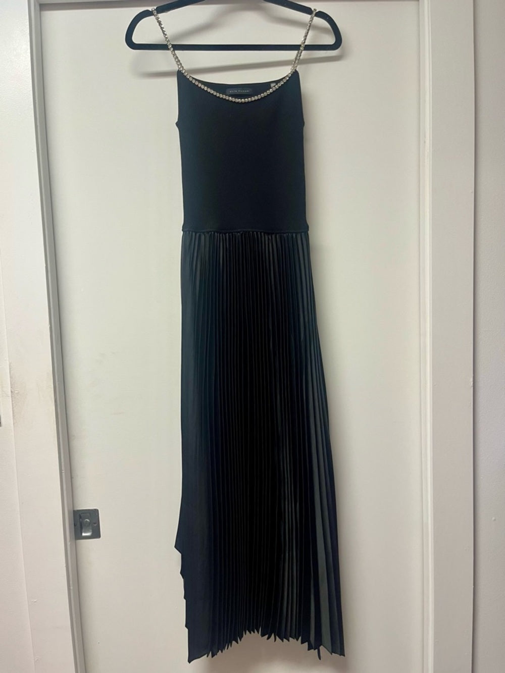 Elie Tahari Rhinestone Dress - Black, Shimmering Straps & Collar, + Pleated Base — faceted stones and gold tone setting